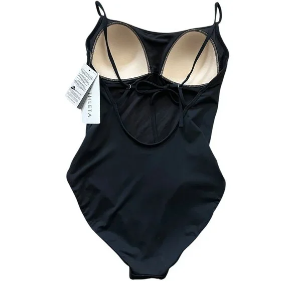 Athleta Skinny Strap Ring One Piece Swimsuit Black Womens Size M Sun Protection